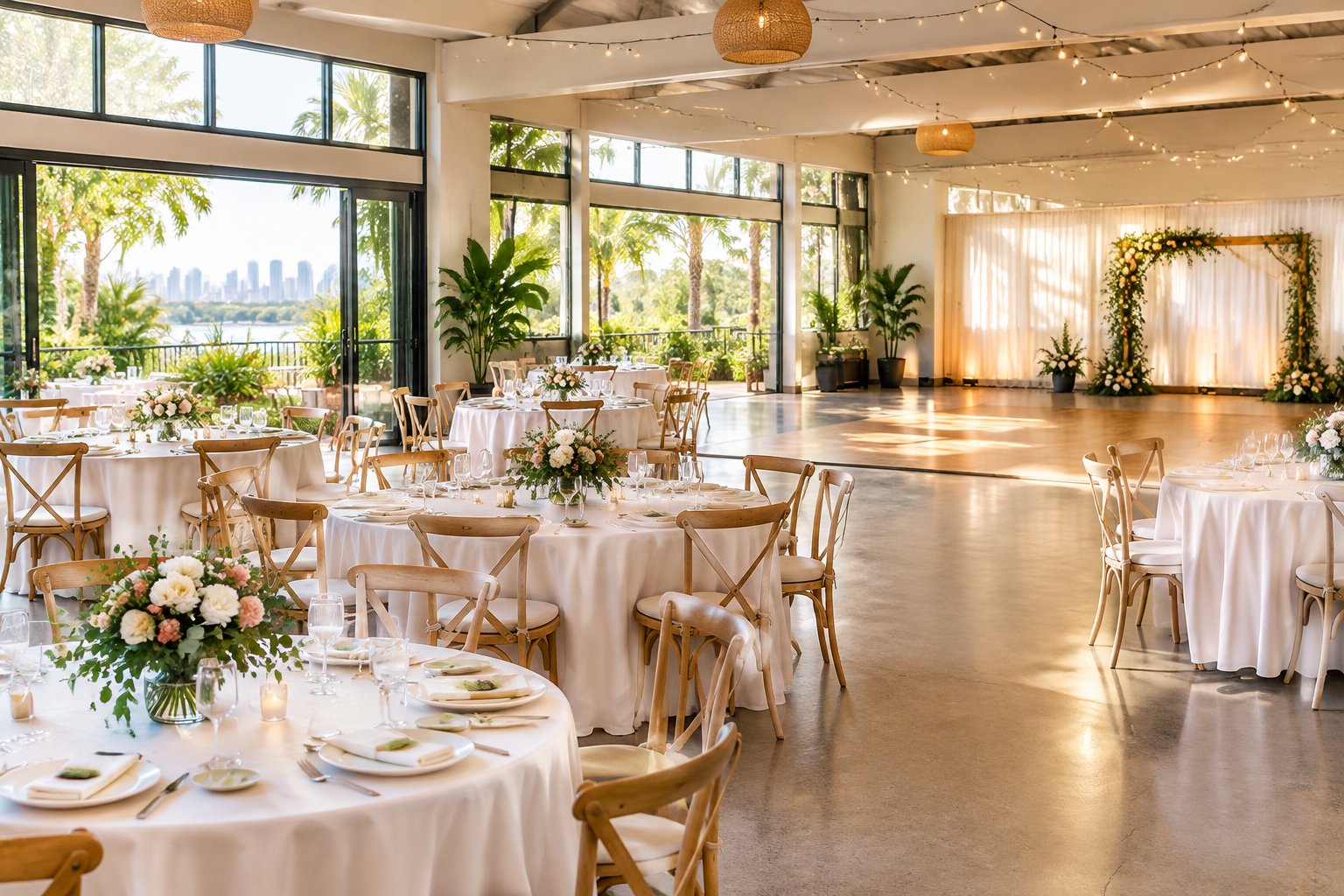 A bright, affordable-looking wedding reception venue in Brisbane with simply decorated tables and greenery.