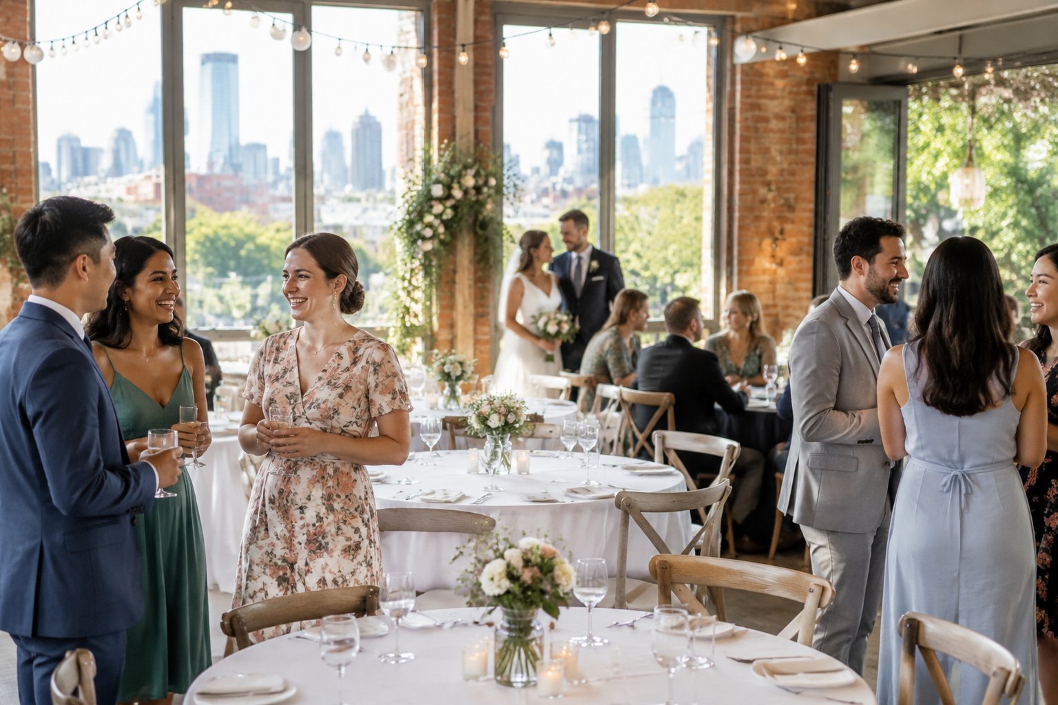 A happy couple and guests celebrate at a modest, warmly decorated wedding venue in Melbourne.