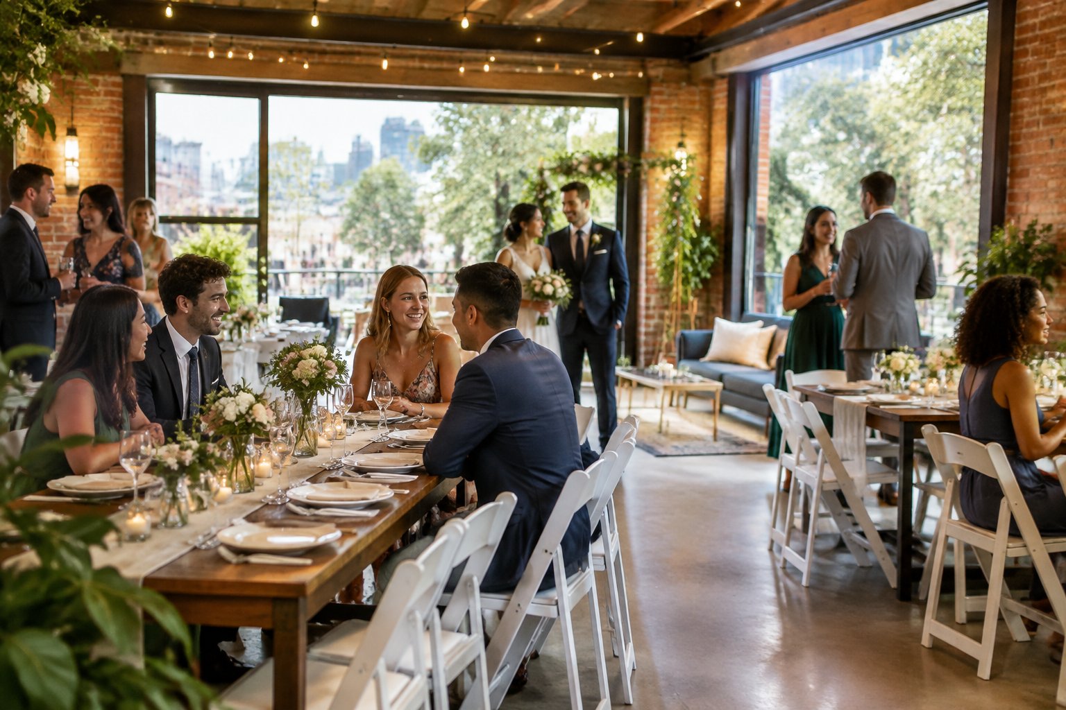A newlywed couple and guests celebrating in a warmly decorated, intimate wedding venue with simple floral arrangements and string lights.
