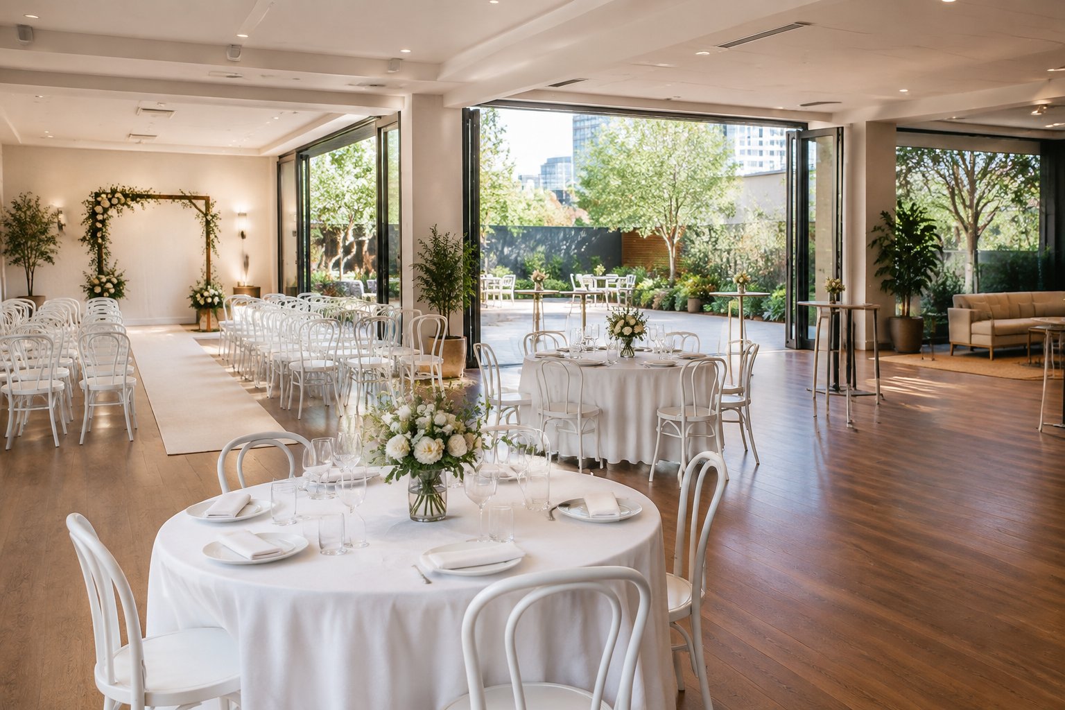 A flexible wedding venue with a ceremony aisle, dinner tables, and a small outdoor courtyard.
