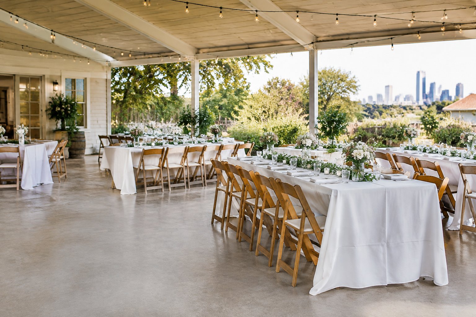 A modest Melbourne wedding venue decorated with greenery, simple flowers, tables, chairs, and warm string lights.