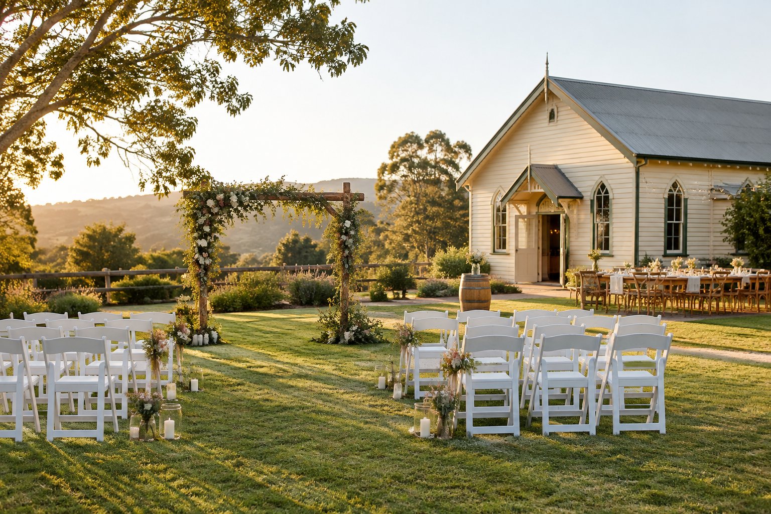 A modest heritage wedding venue with simple outdoor seating, floral decorations, and a garden reception area.