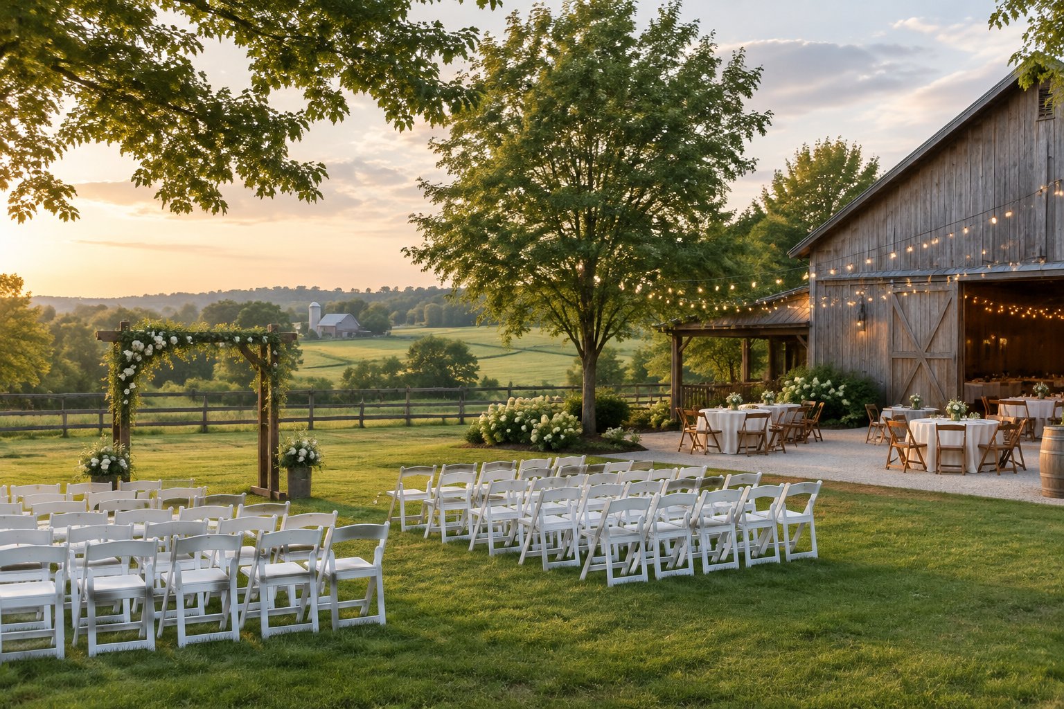 A simple rustic wedding venue with white chairs, a decorated ceremony arch, and tables in a green countryside setting.