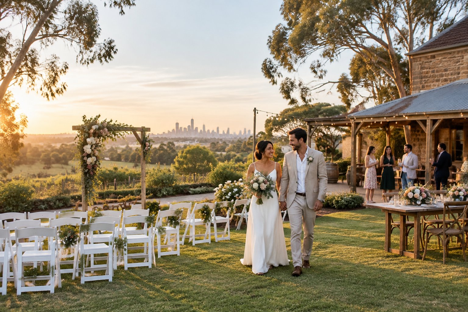 A couple and guests celebrate at an affordable outdoor wedding venue surrounded by gardens and Victorian countryside.