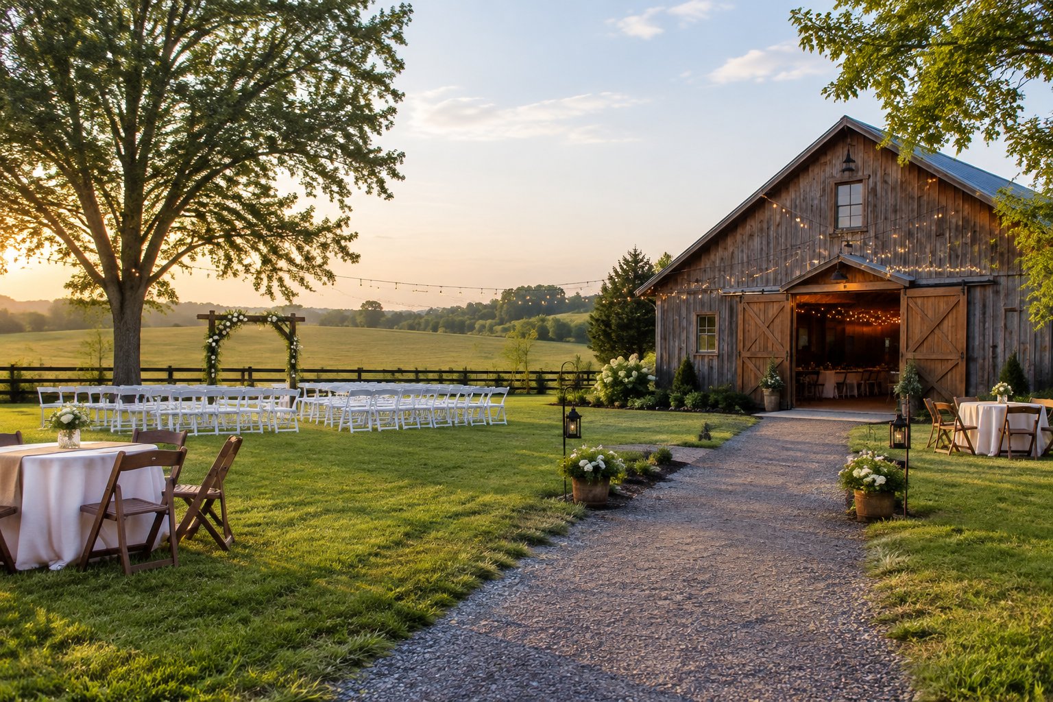 A modest countryside wedding venue with a barn, outdoor ceremony chairs, floral decorations, and green fields.