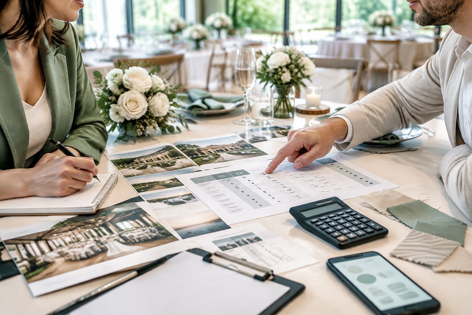 Two people compare wedding venue packages and costs at a reception table.