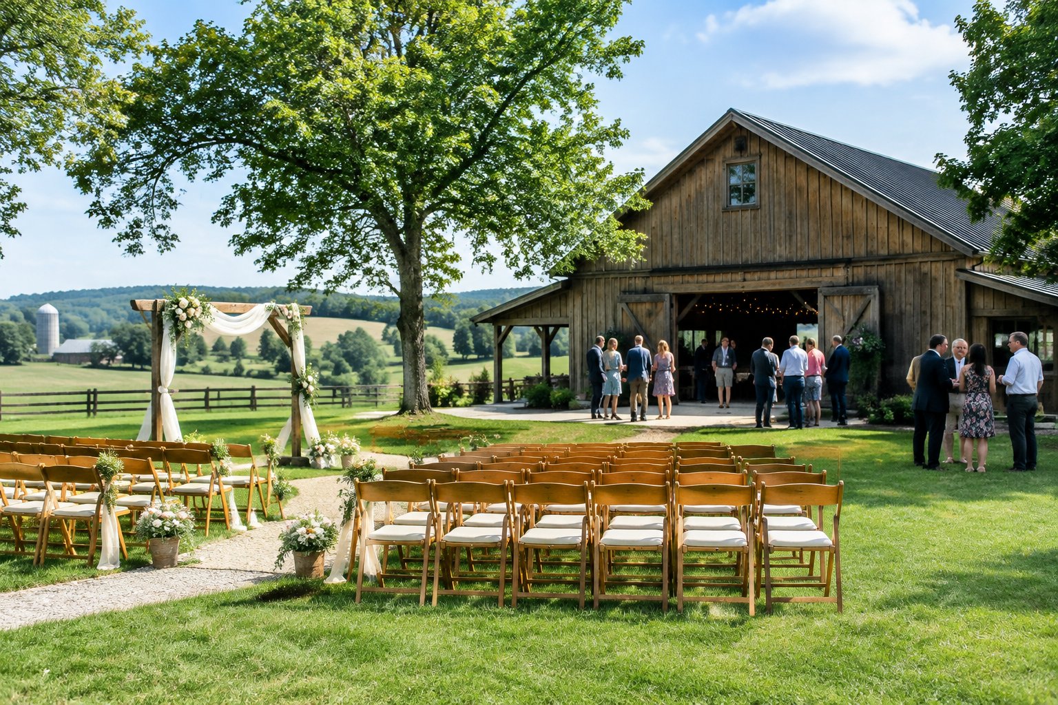 A simple outdoor wedding setup beside a rustic countryside venue.
