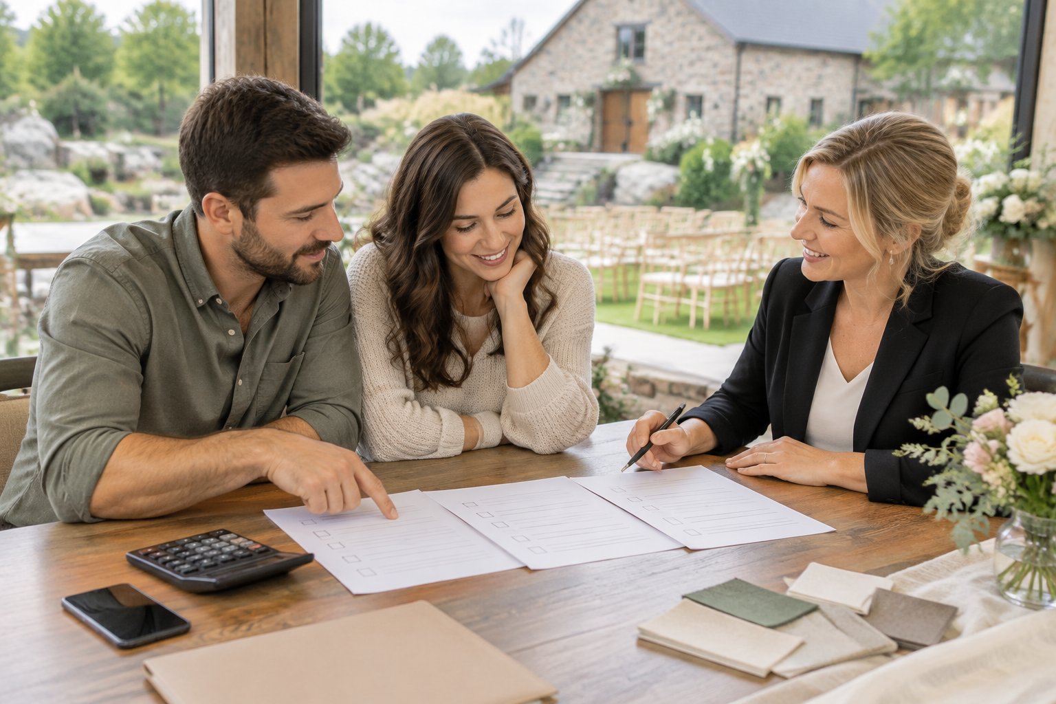 An engaged couple compares blank cost sheets with a venue coordinator at a wedding venue consultation table.