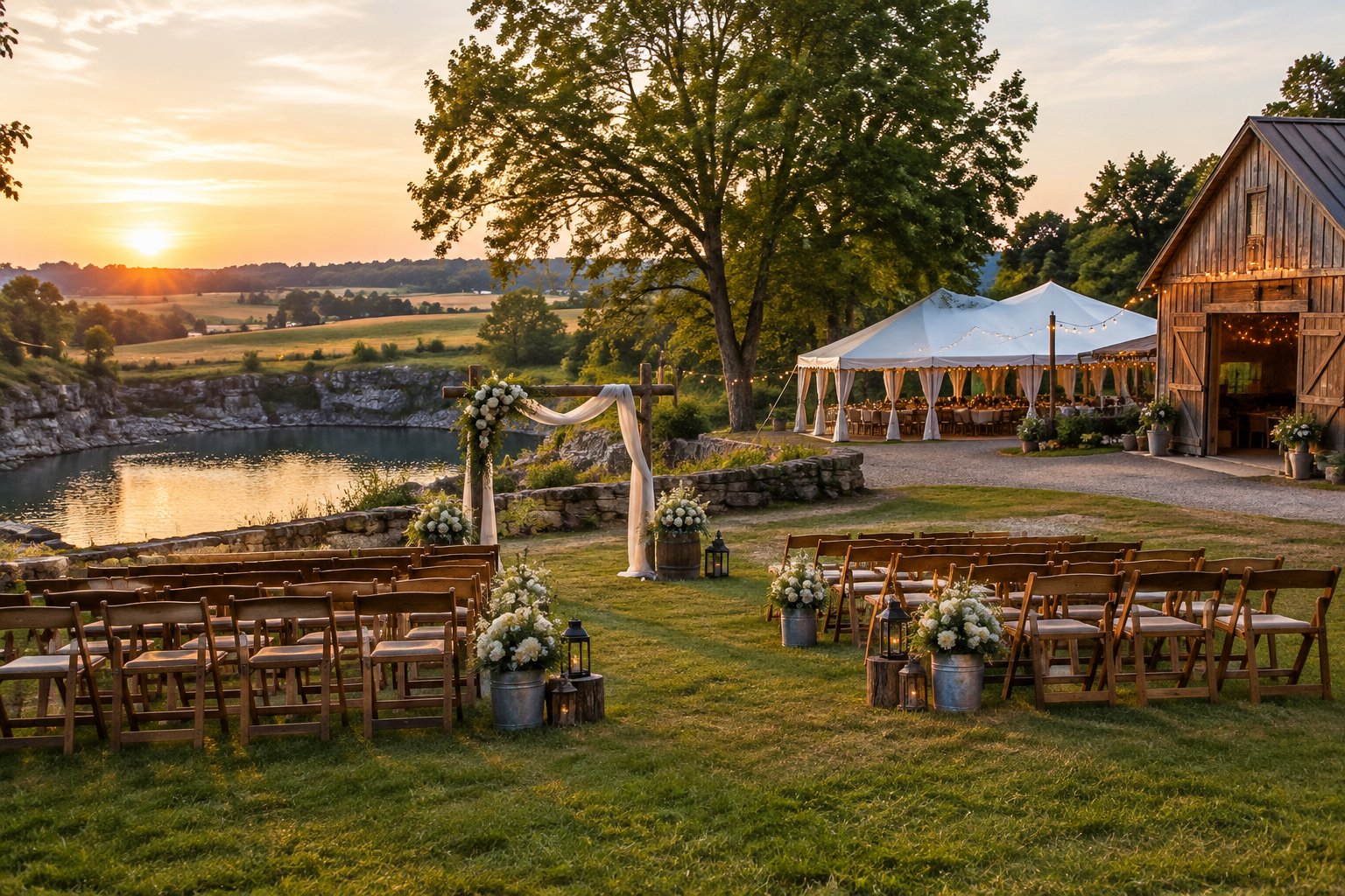 An affordable rustic wedding setup overlooking a scenic countryside landscape near Quarryville.
