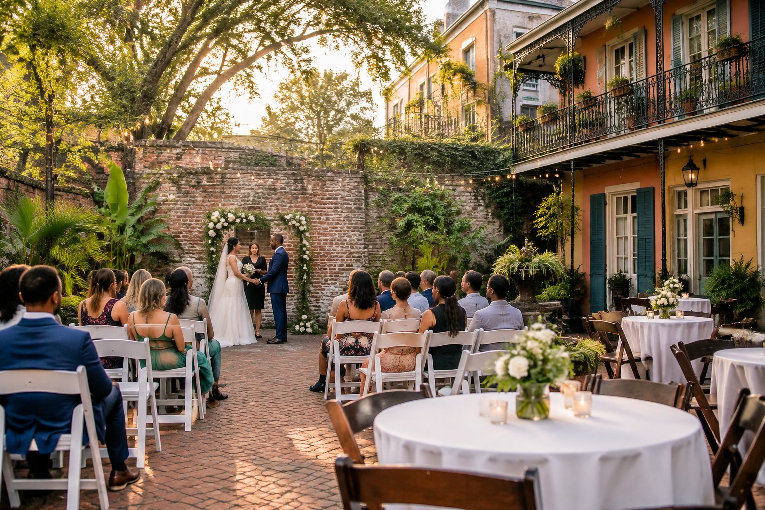 An intimate outdoor wedding ceremony in a historic New Orleans courtyard with simple decorations and seated guests.
