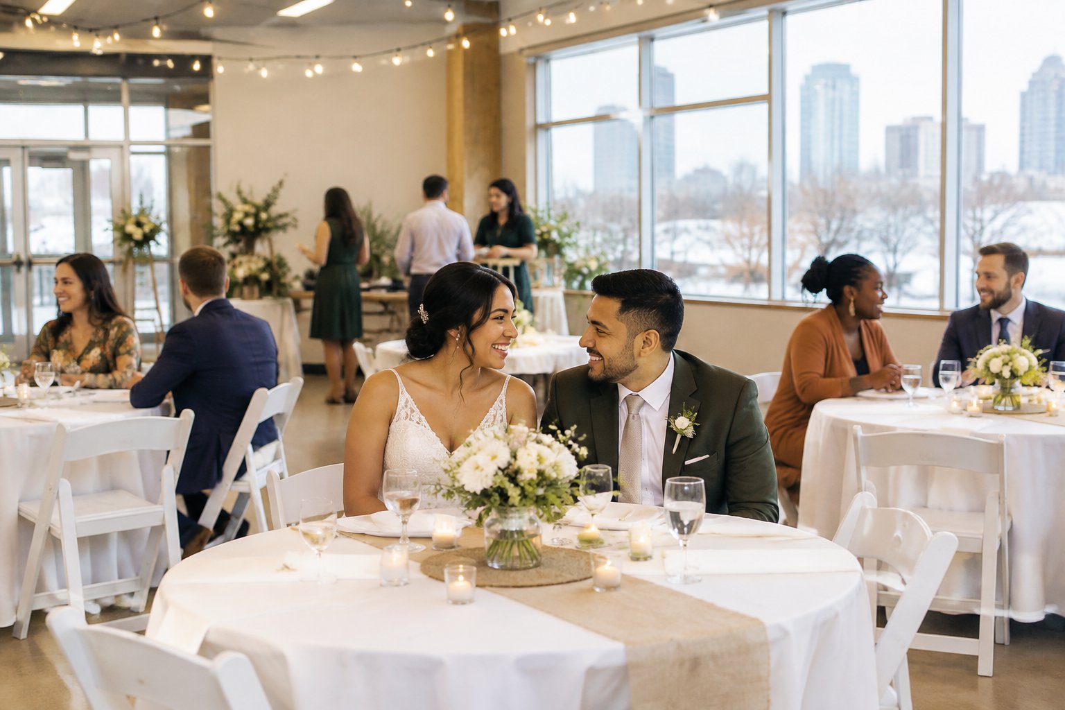 A newlywed couple celebrates with guests in a simply decorated, affordable wedding reception venue.