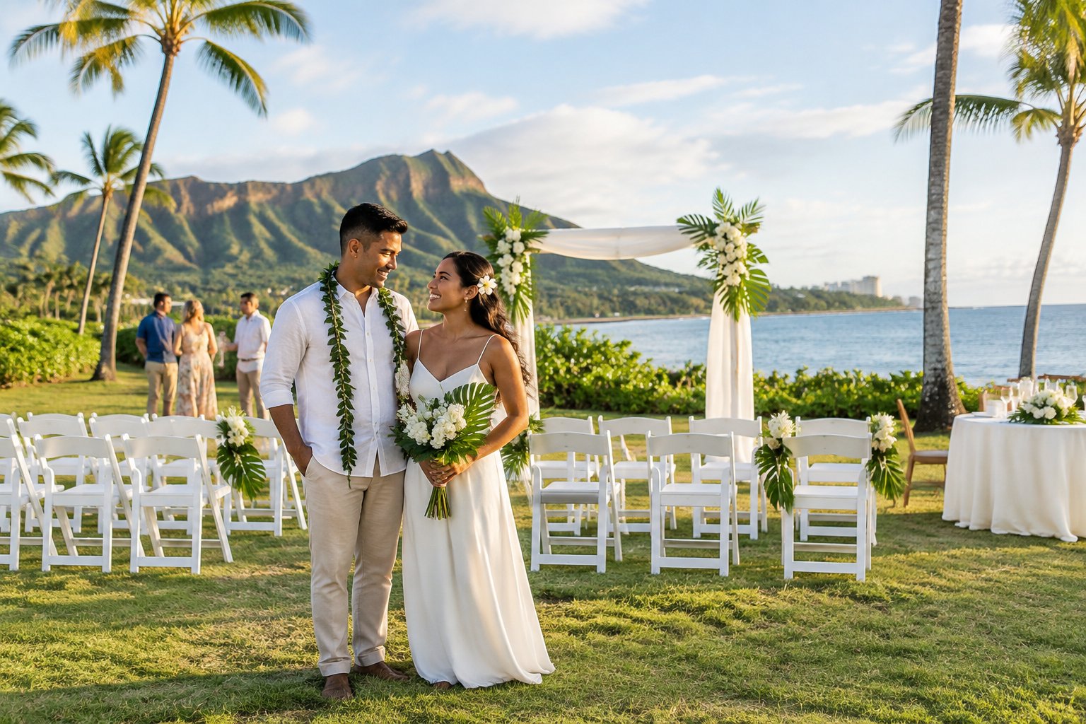 A couple stands beside a simple beach wedding setup with chairs, tropical greenery, mountains, and ocean in the background.