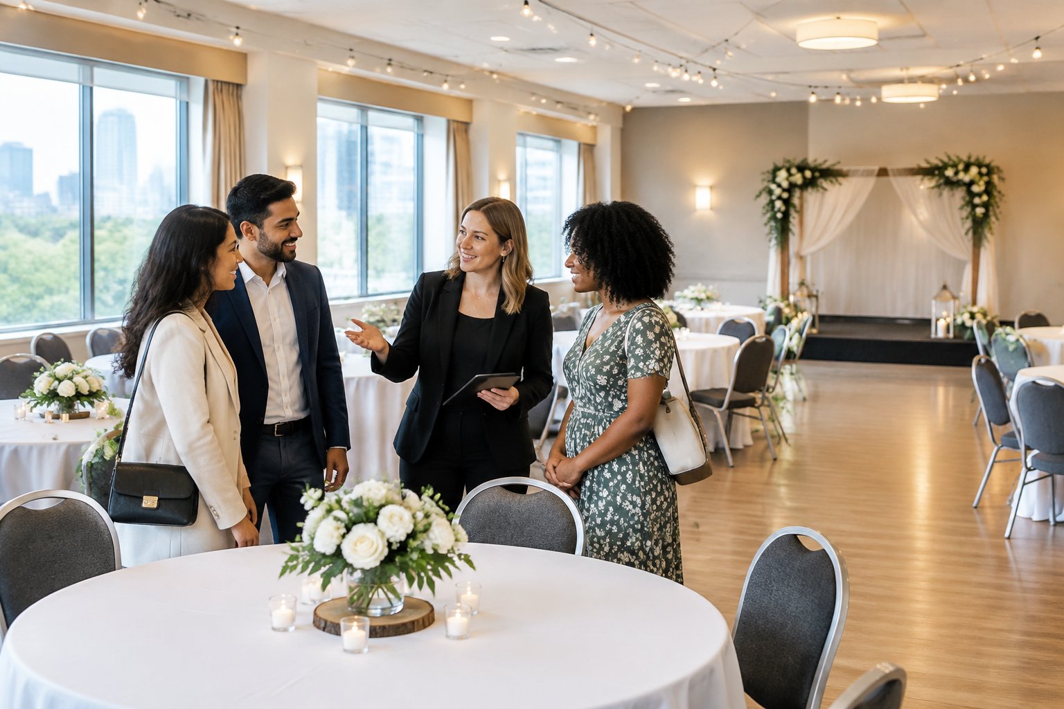 A couple tours an affordable wedding venue arranged with simple tables, floral centerpieces, and warm lighting.