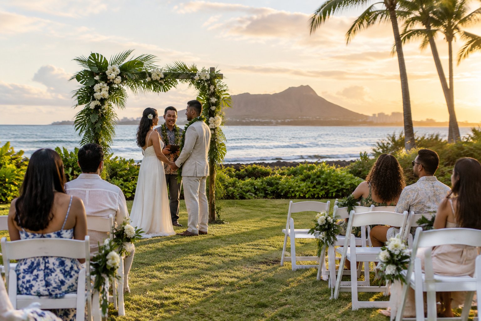 An intimate outdoor wedding ceremony at a tropical Oahu venue with ocean views and simple elegant decorations.