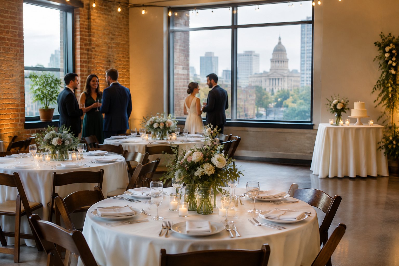 An intimate wedding reception in a modest, warmly decorated venue with simple floral centerpieces and a few guests.