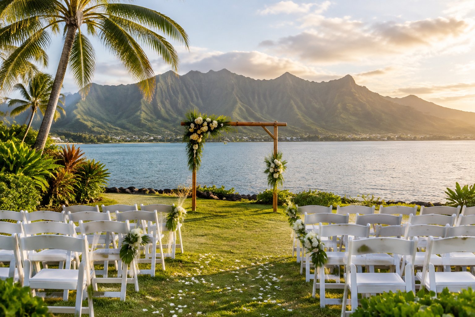 A simple outdoor wedding setup in a tropical garden beside calm waterfront waters, with mountains in the background.
