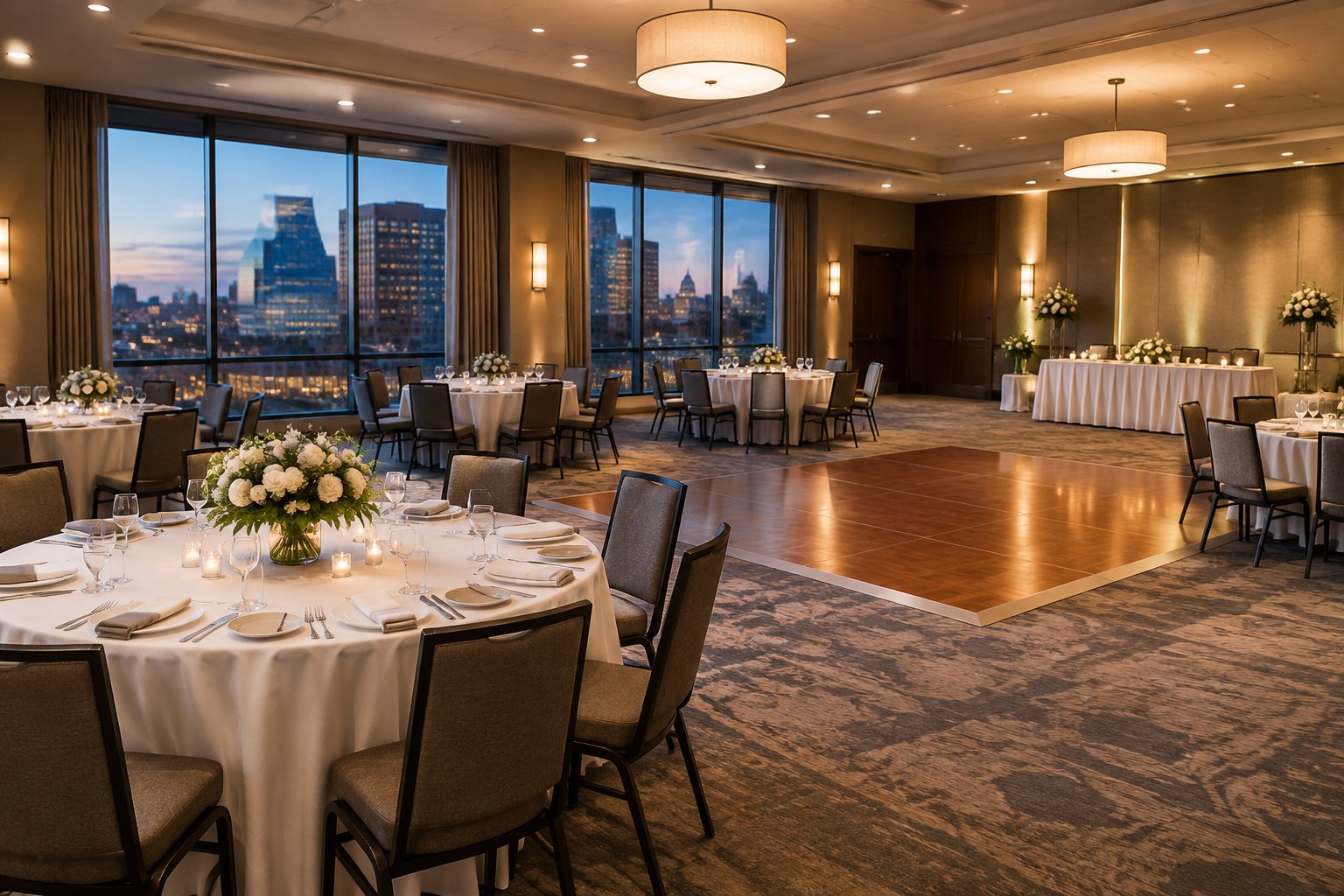 A warmly lit hotel reception room with simple wedding decorations overlooking a downtown cityscape.