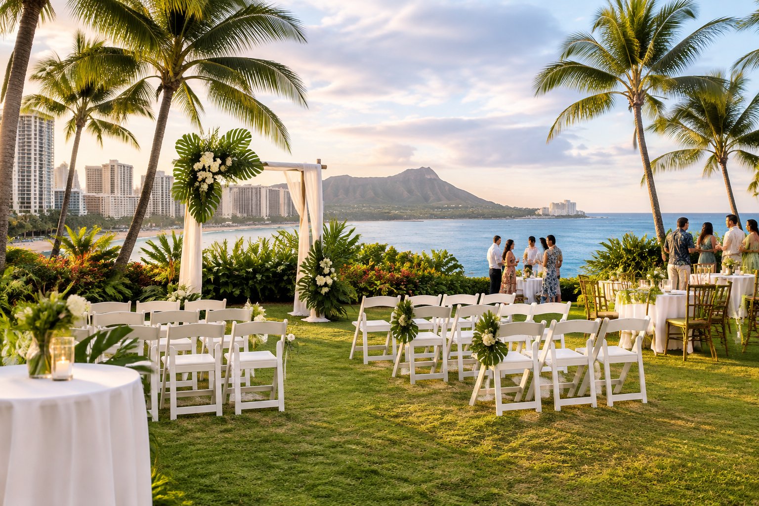 An intimate outdoor wedding setup with simple floral decor, tropical greenery, and a distant view of Waikīkī.