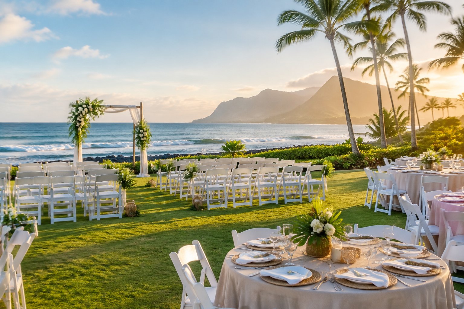 An affordable outdoor wedding setup on a grassy Hawaiian shoreline with simple chairs, a floral arch, and ocean views.