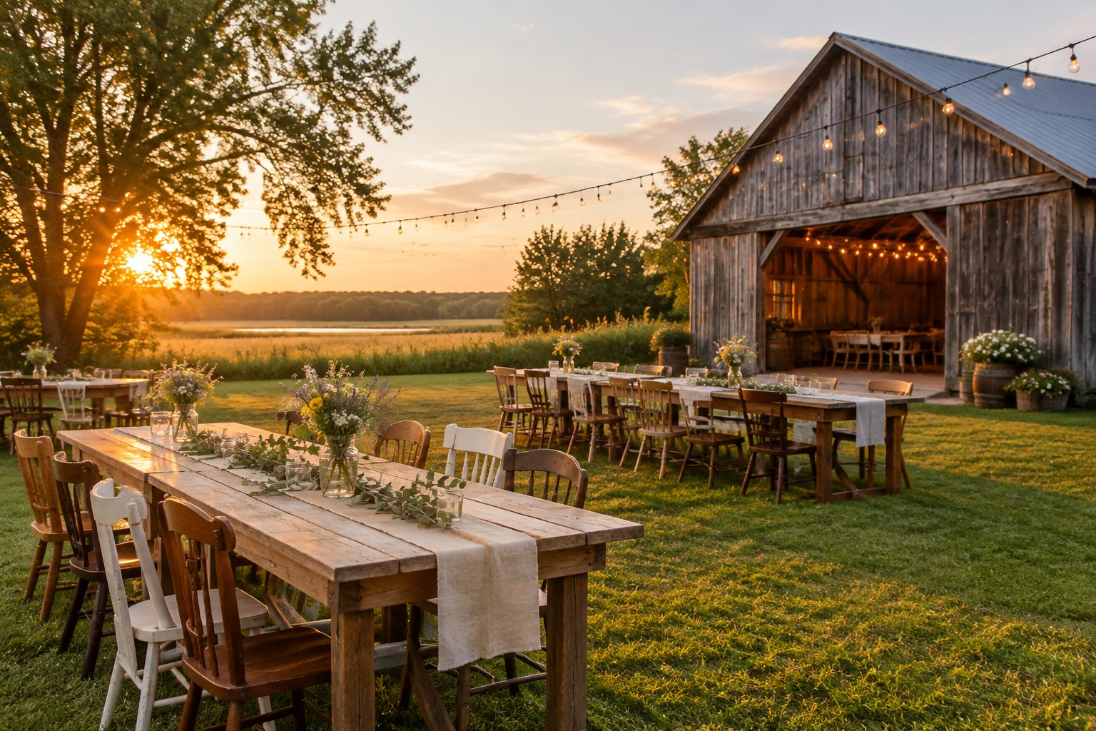 Rustic outdoor wedding venue with wooden tables, wildflowers, string lights, and a barn beside a grassy field.