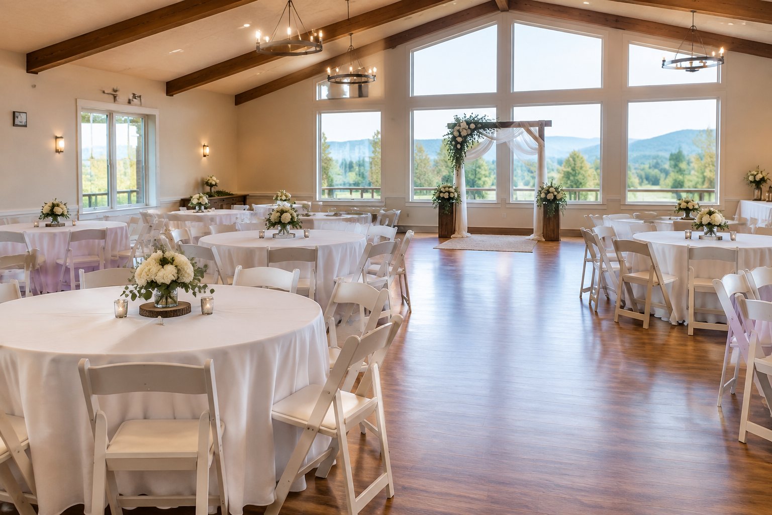An affordable wedding reception setup in a warmly lit venue with simple floral centerpieces and a scenic countryside view.