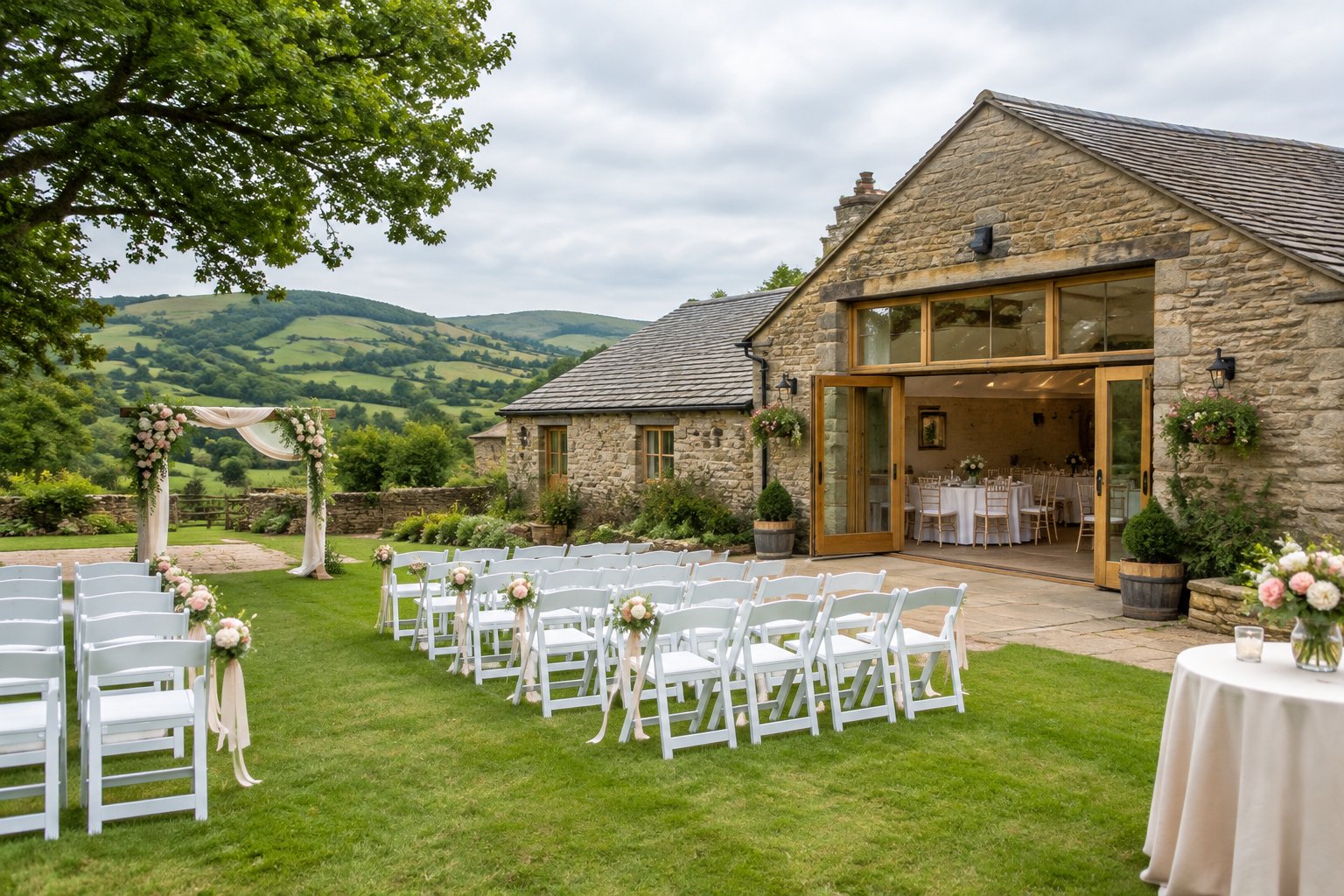 A modest countryside wedding venue near Queensbury with chairs, floral decorations, green lawns, and rolling hills.