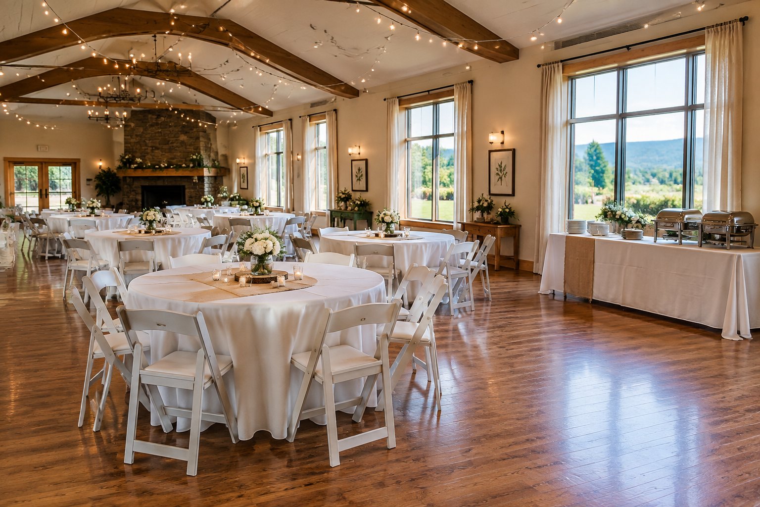 A modest wedding reception decorated with simple flowers and warm lights inside a welcoming community venue.