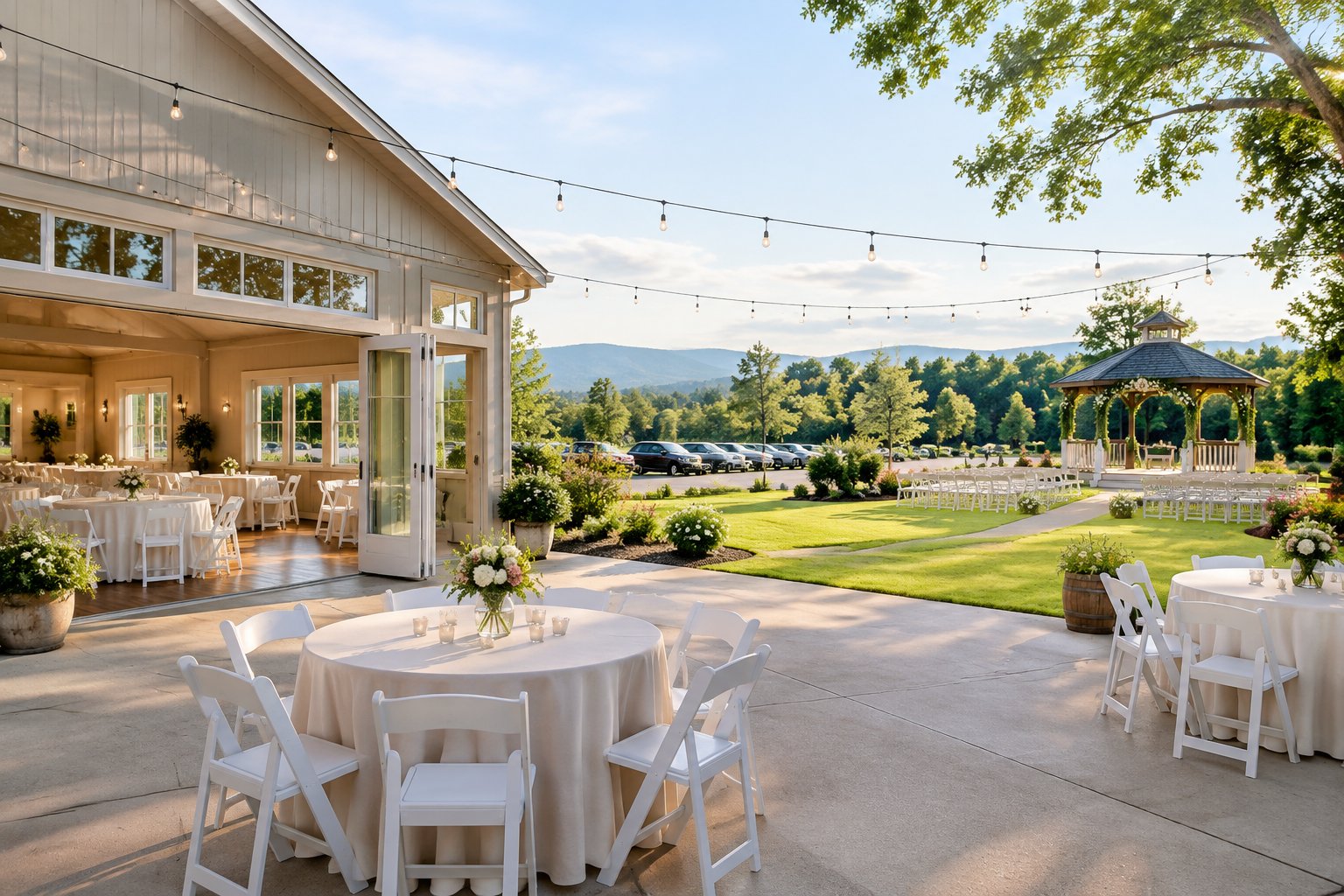 An affordable wedding venue with a decorated reception room, garden ceremony area, and nearby outdoor spaces.
