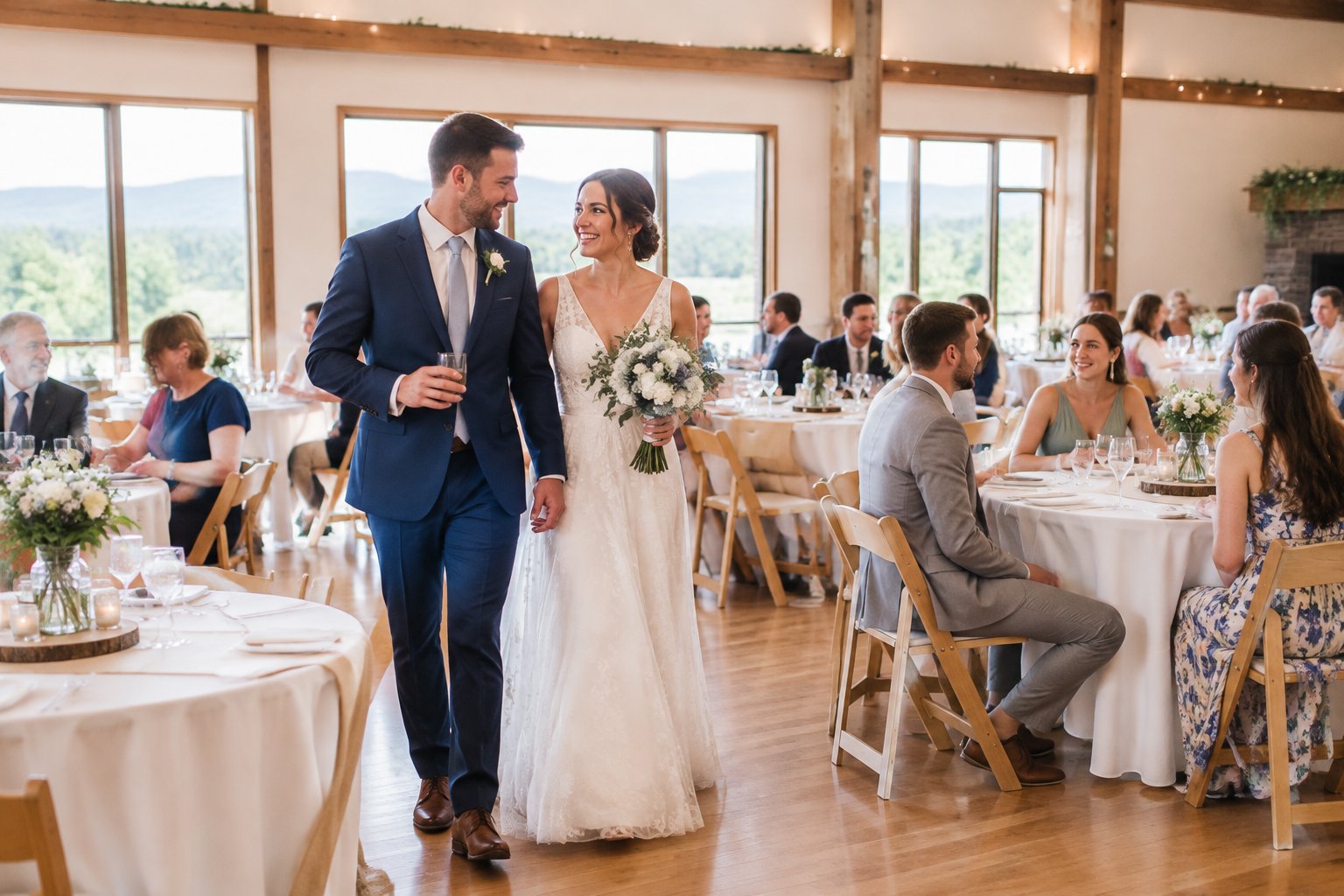 A newlywed couple and guests celebrate at an elegant, budget-friendly wedding reception.
