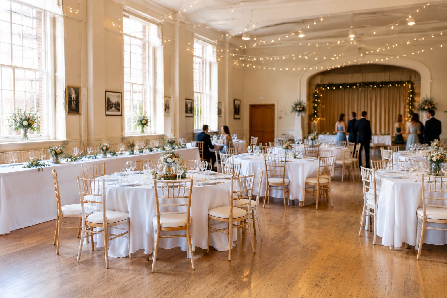A modest, warmly decorated wedding reception venue with tables, flowers, and softly blurred guests.