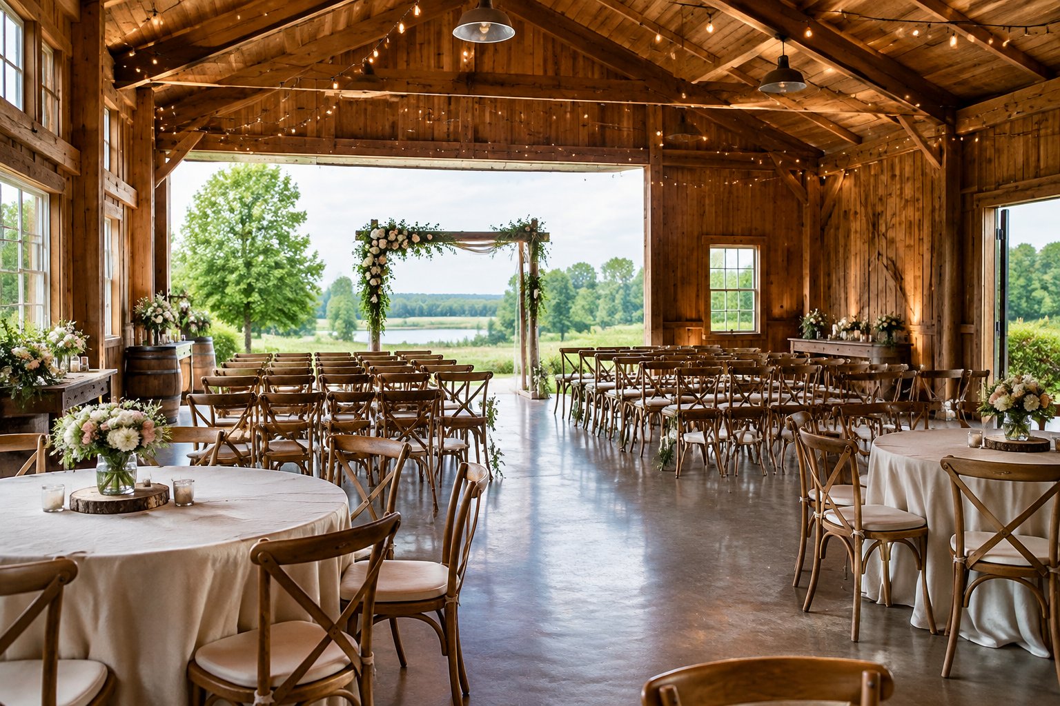 A simple outdoor wedding ceremony setup beside a charming rustic venue surrounded by greenery.