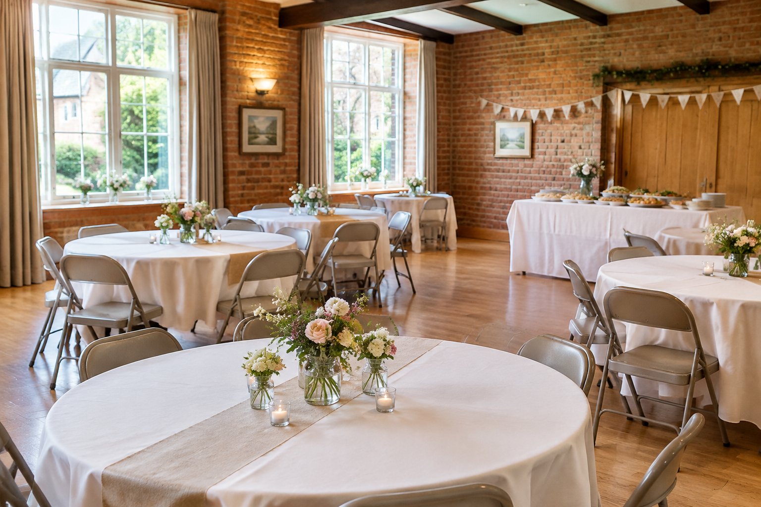 An intimate wedding reception arranged in a modest, warmly decorated community venue.