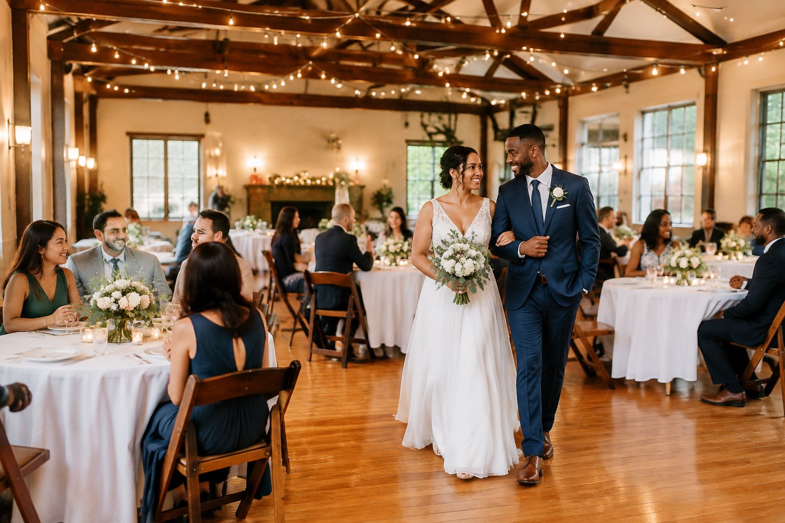 A couple and guests celebrate at a modest wedding venue with simple decorations and warm lighting.