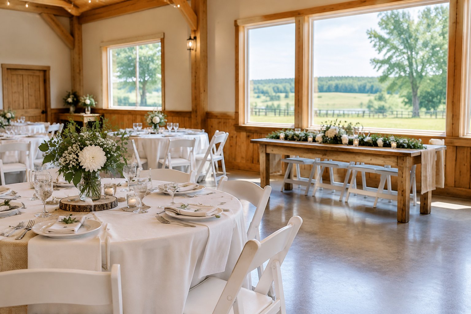 A simple decorated wedding venue overlooking the Ontario countryside.