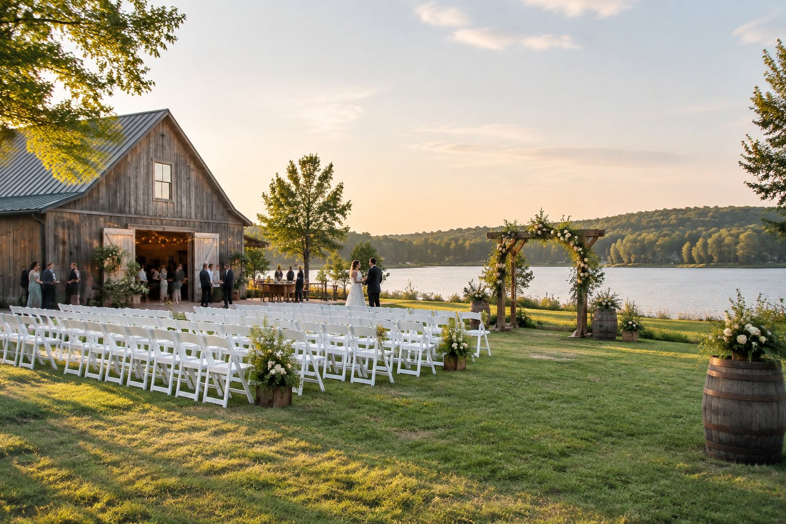 A modest outdoor wedding ceremony at a rustic Ontario countryside venue beside a lake.