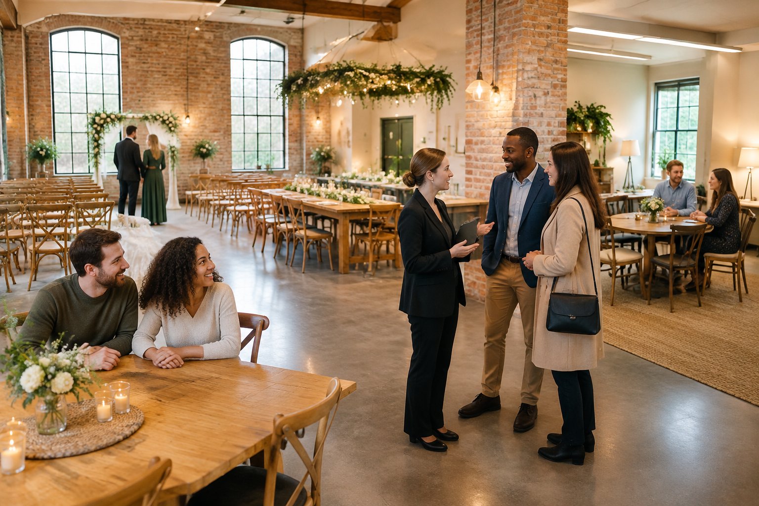 A couple and guests explore an affordable wedding venue with simple ceremony and reception setups.