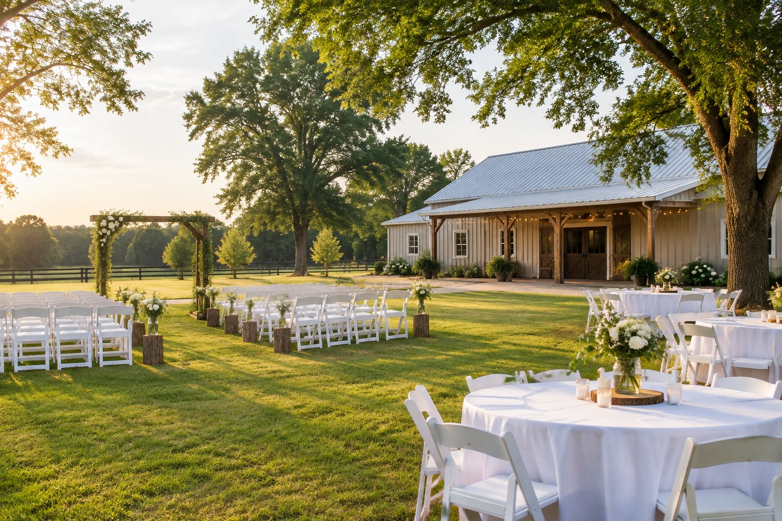 A modest rural wedding venue with a simple ceremony arch, white chairs, and decorated reception tables on a grassy lawn.