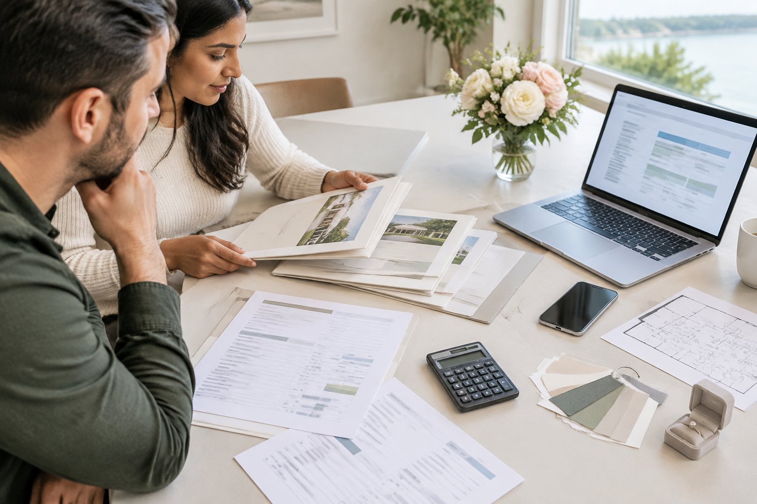 A couple compares wedding venue quote documents beside a calculator, laptop, and wedding planning materials.