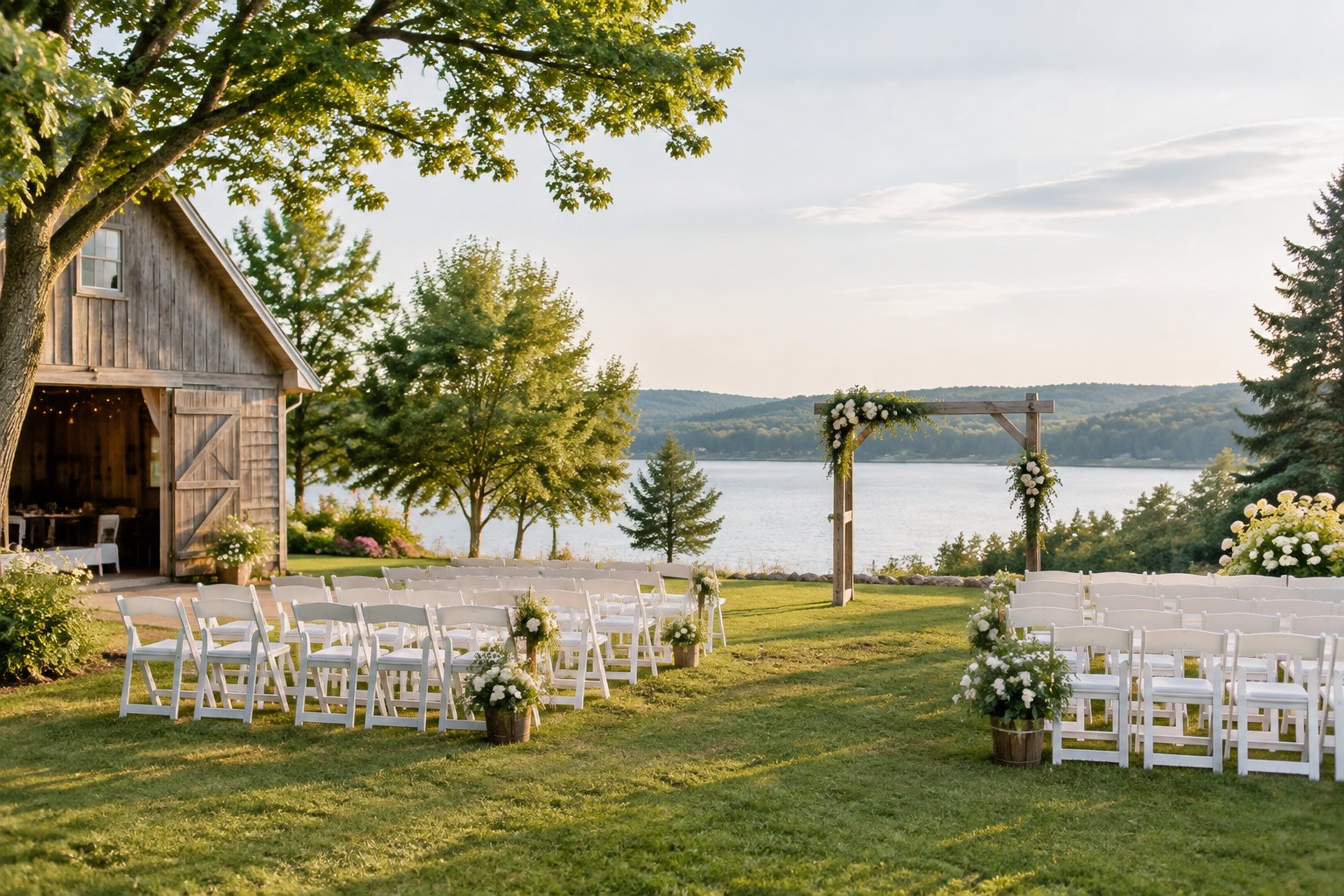 An affordable outdoor wedding setup beside a rustic Ontario venue surrounded by greenery and countryside.