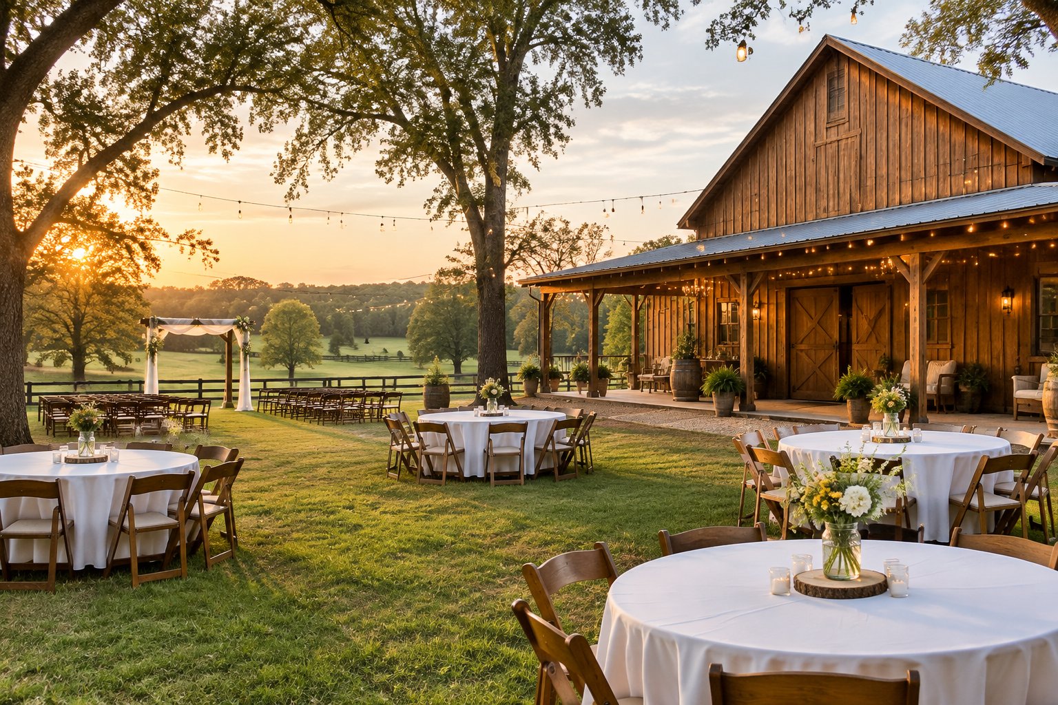 A rustic barn wedding venue with simple tables, chairs, flowers, and string lights on a grassy rural property.