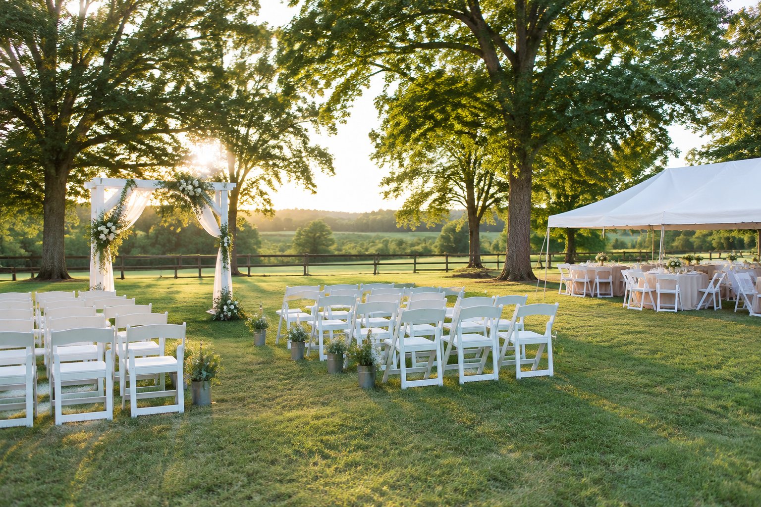 A simple outdoor wedding setup with white chairs, a ceremony arch, and reception tables in a green park.