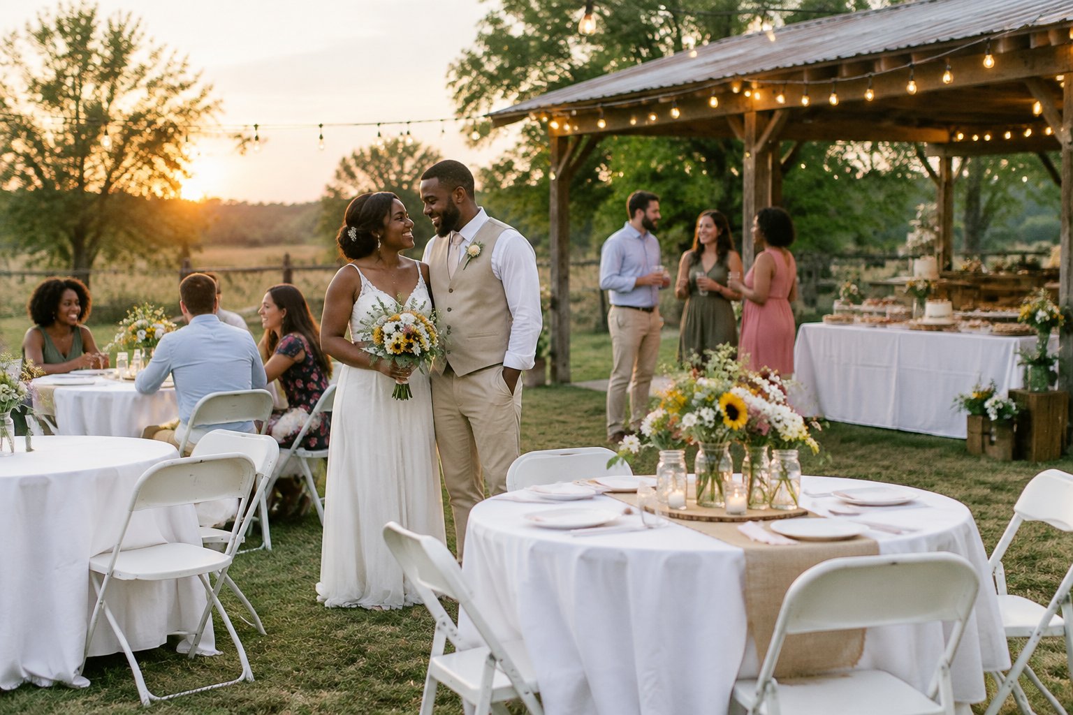 A couple and guests celebrate at an affordable outdoor wedding reception with simple decorations and tables.