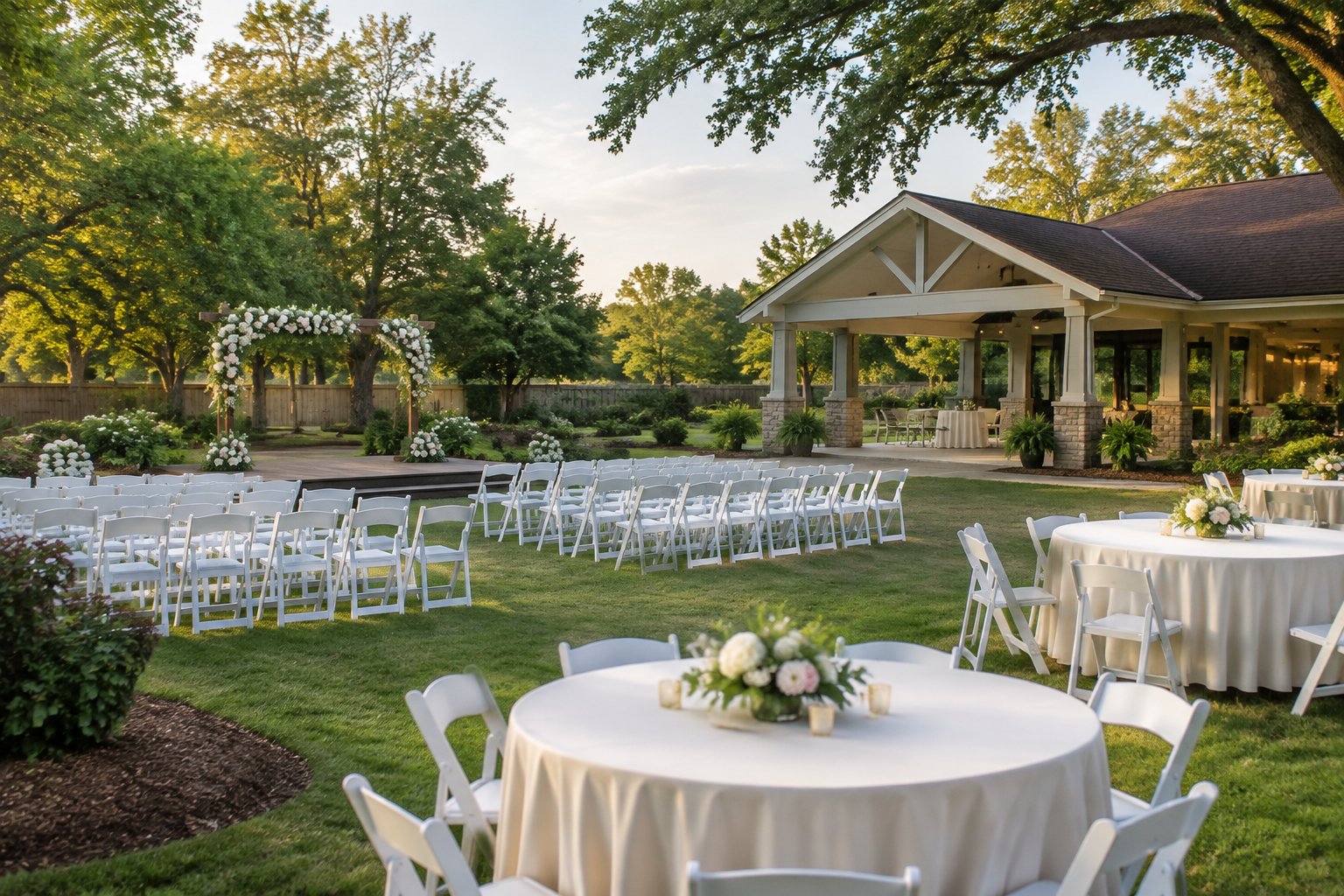 An affordable outdoor wedding venue with white chairs, a floral ceremony arch, and simple reception tables on a green lawn.