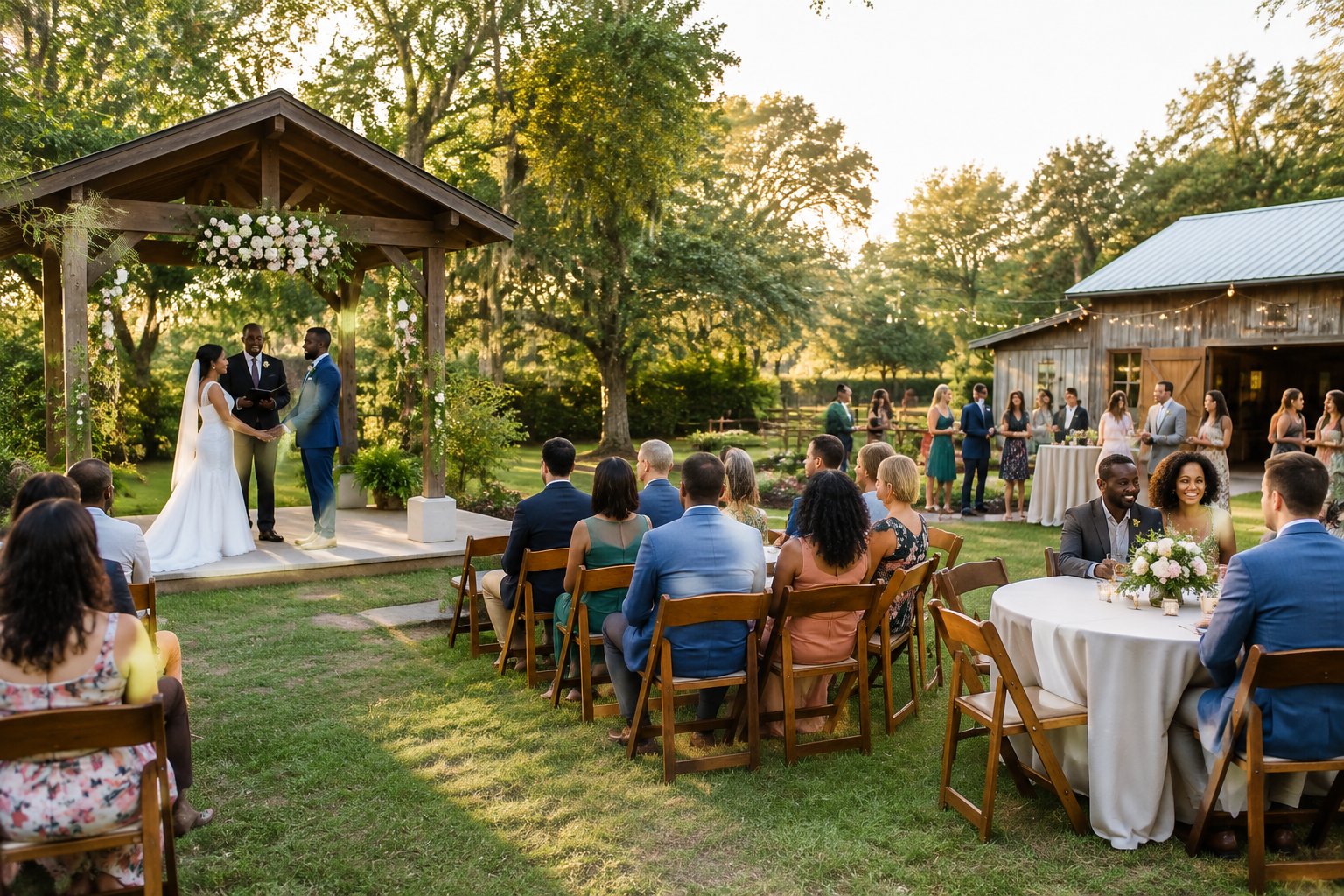 A small outdoor wedding ceremony at a charming garden venue with guests seated beneath a floral arch.