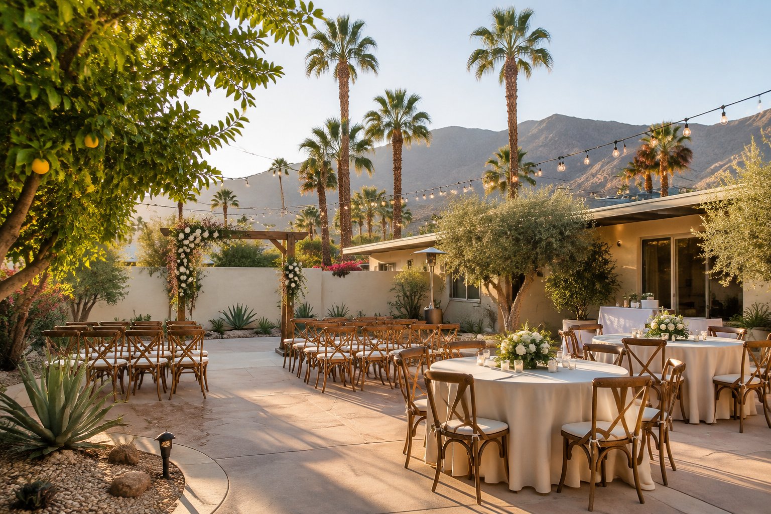 An intimate outdoor wedding setup with simple chairs, floral decorations, palm trees, and desert mountains in Palm Springs.