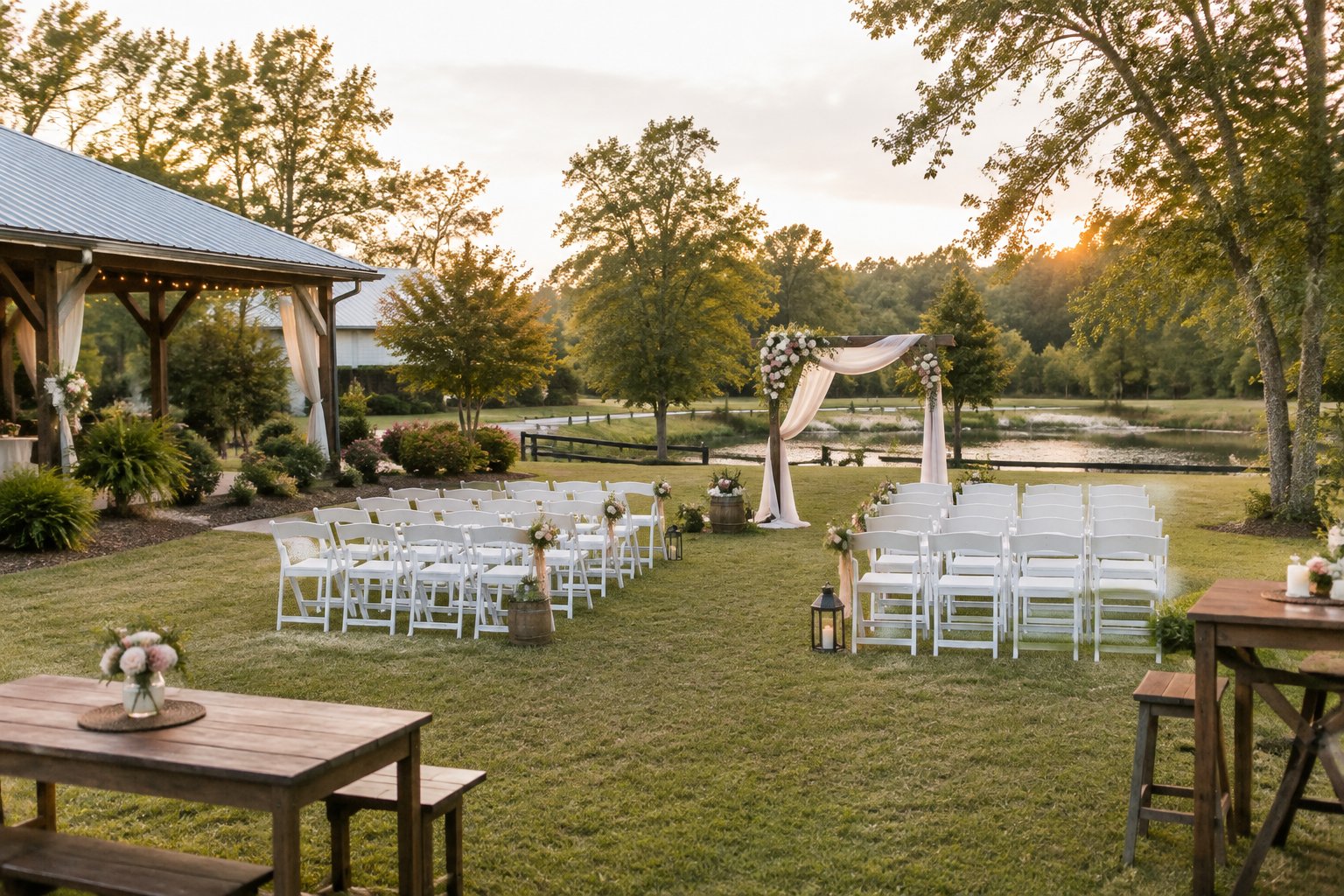 An intimate outdoor wedding setup with white chairs, a floral arch, and simple decorations at a small venue.