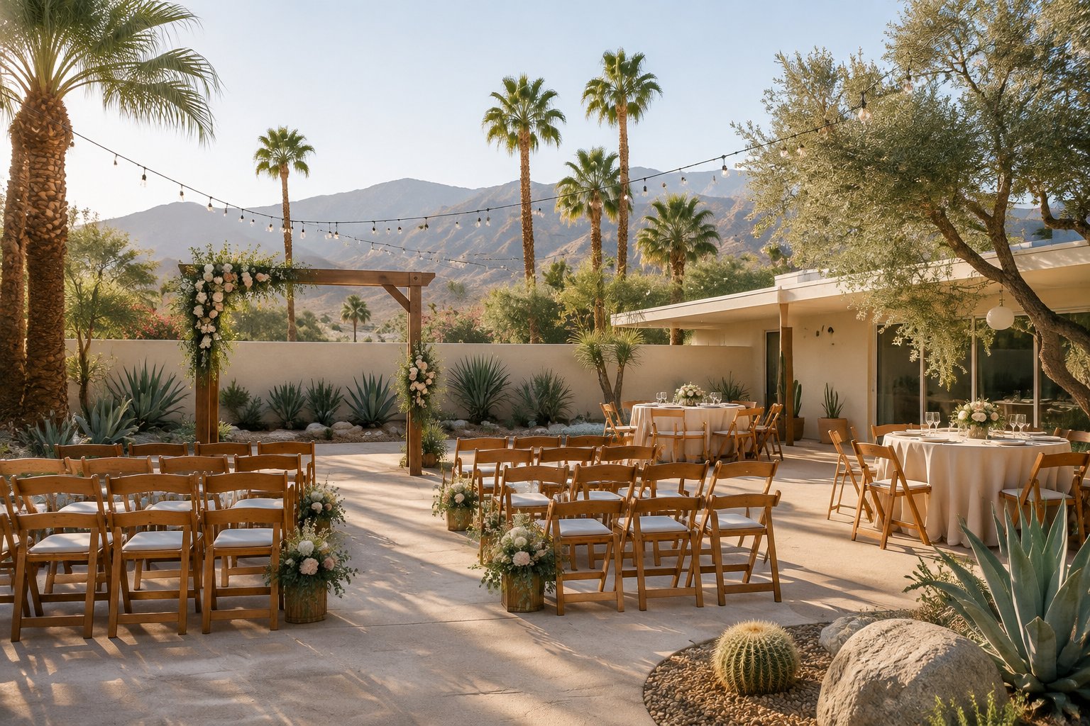An intimate outdoor wedding setup at a modest Palm Springs desert venue with a floral arch, chairs, tables, palm trees, and mountains.