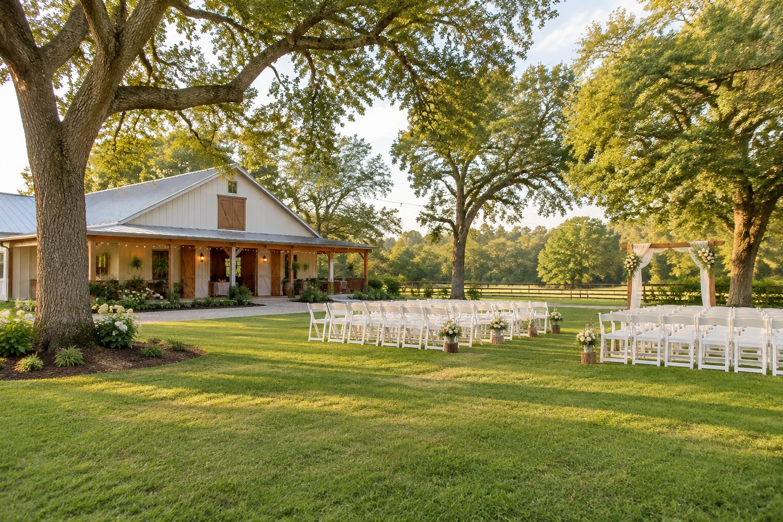 A modest Southern wedding venue with white chairs, simple decorations, and oak trees surrounding a green lawn.