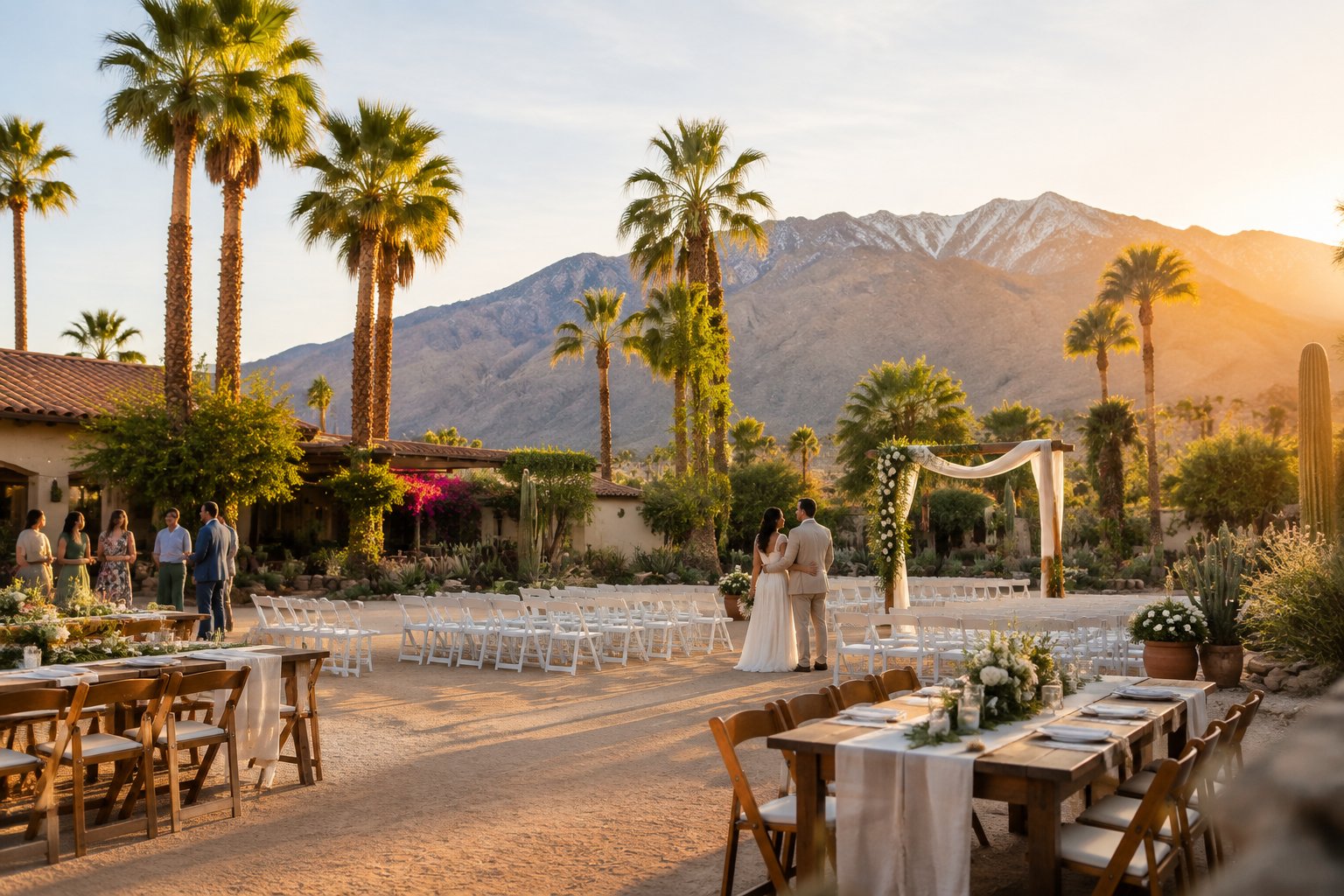 A couple celebrates at a simple outdoor wedding venue surrounded by palm trees, desert plants, and mountains.