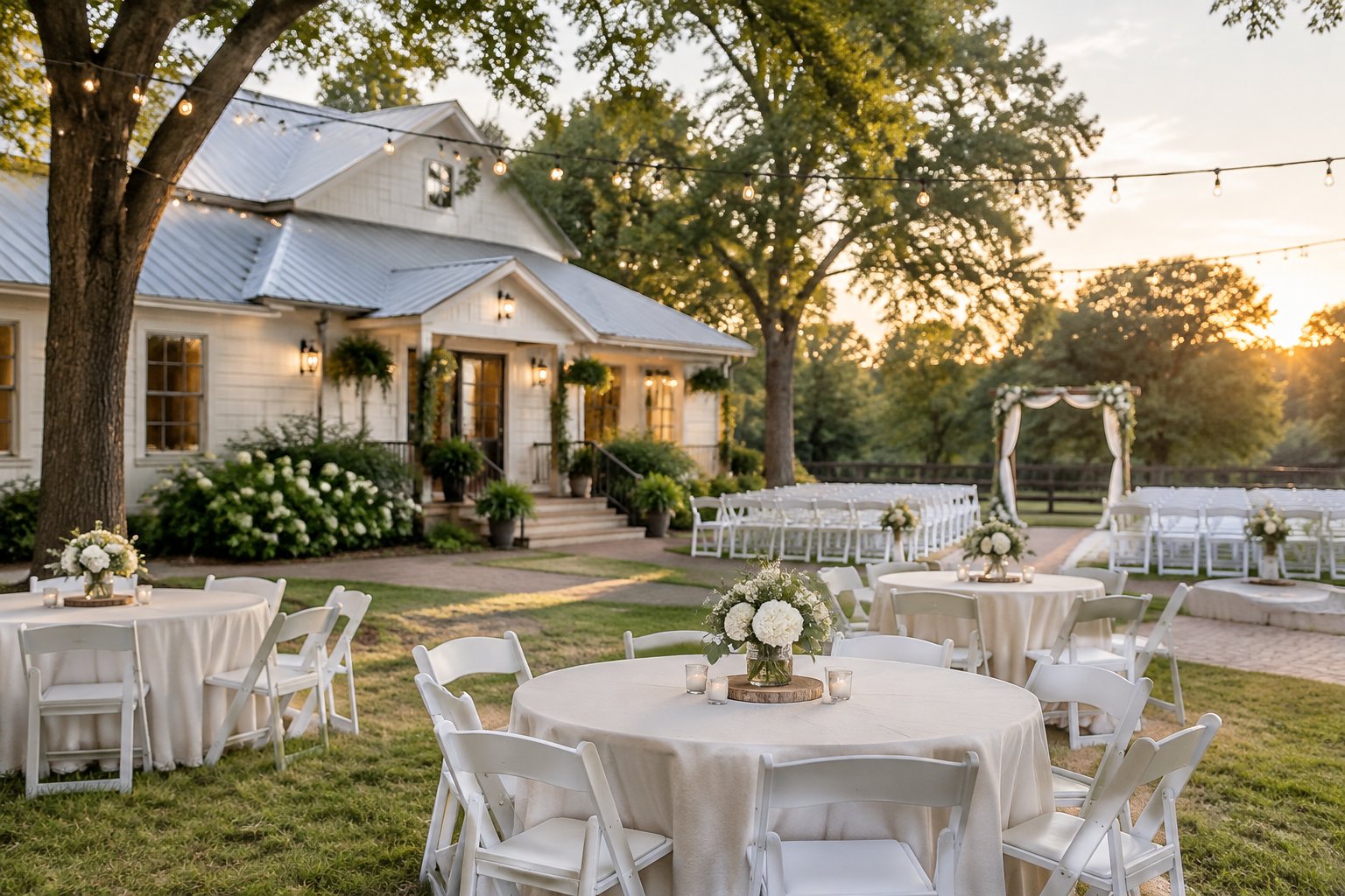 A charming affordable wedding venue with simple decorations, tables, chairs, and a garden ceremony area.
